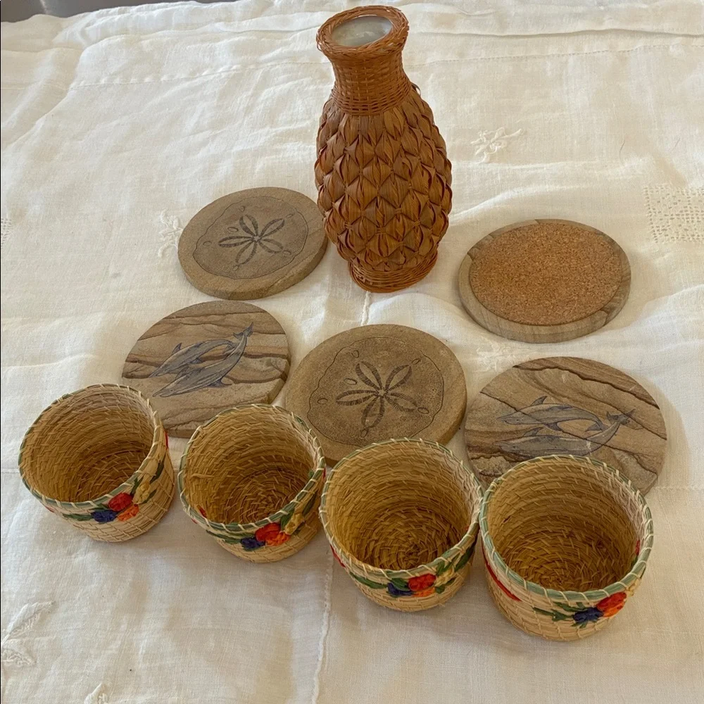 Collection of Beachy accents Coasters W/ Cork Backings Woven Porcelain Vase Set
